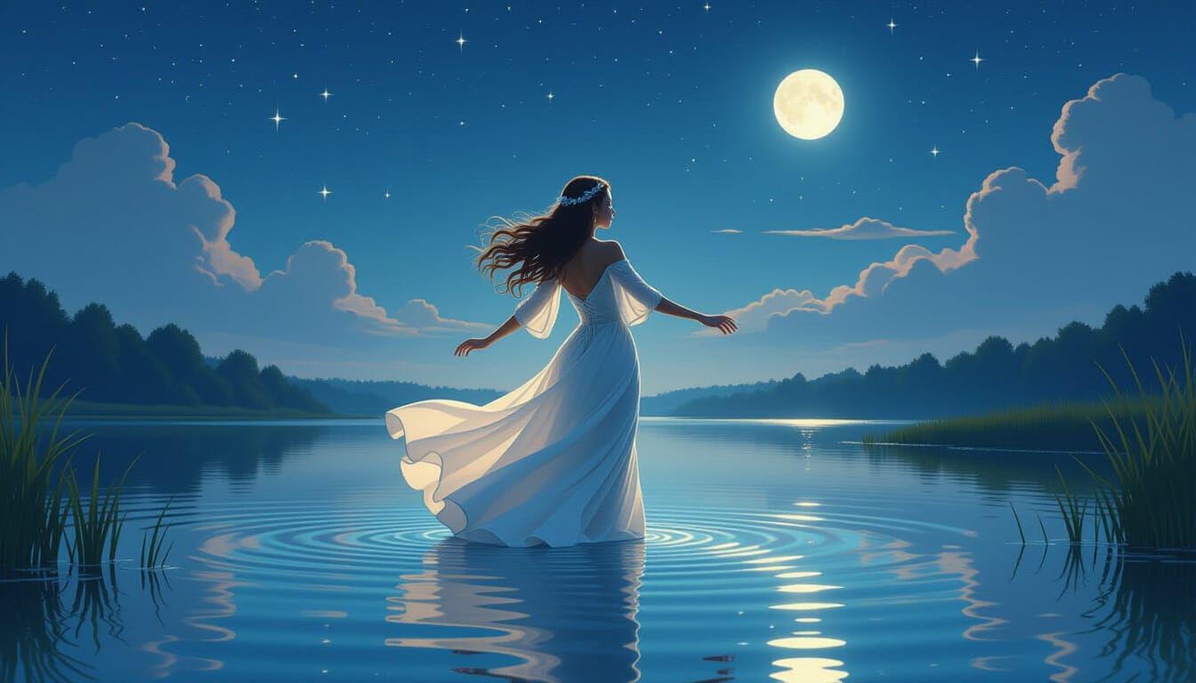 Elf Woman Dancing in Lake at Night