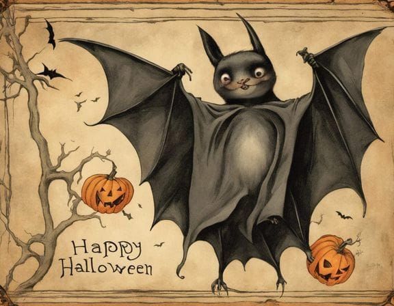 Adorable Anthropomorphic Bat Halloween Art Nouveau Postcard