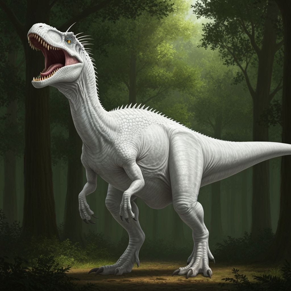 Fearsome White Theropod Dinosaur Roaring in Lush Forest