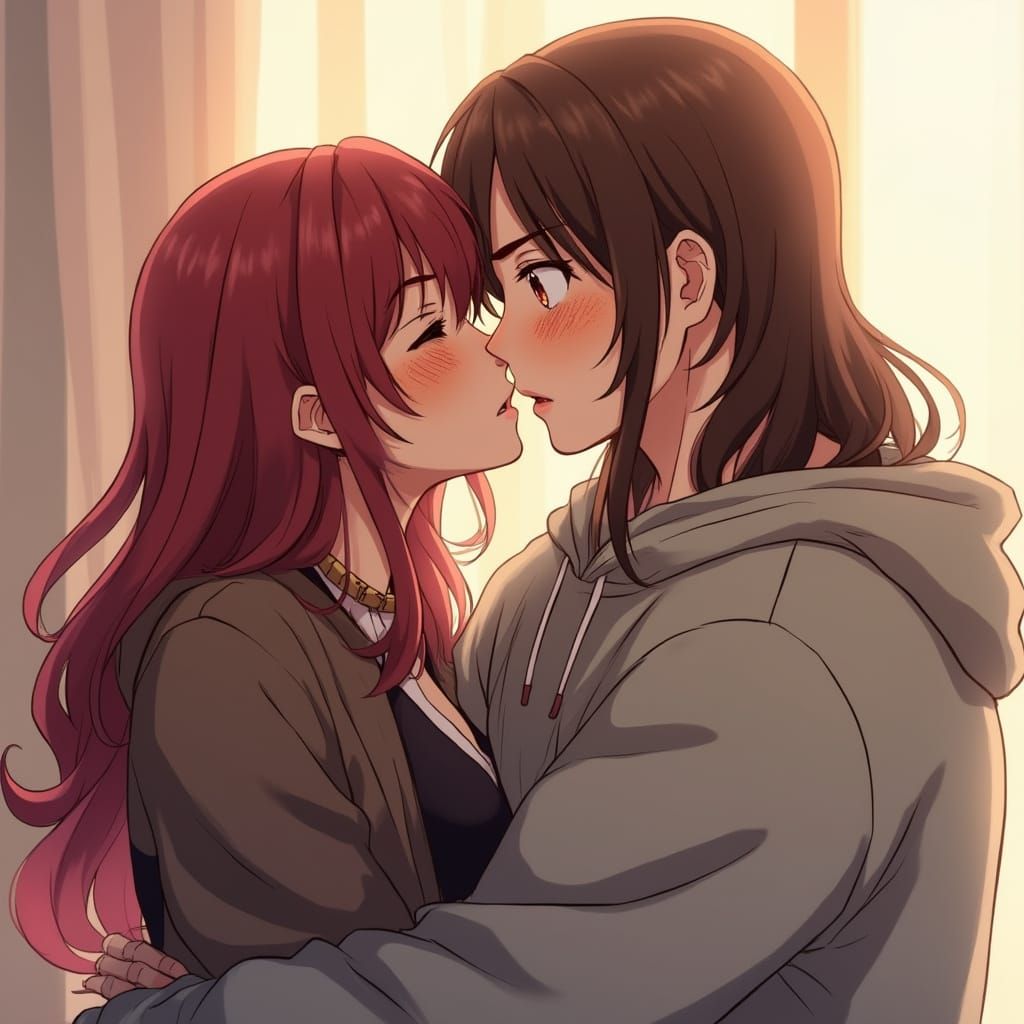 Anime Woman Kisses Surprised Man with Dreamy Lighting