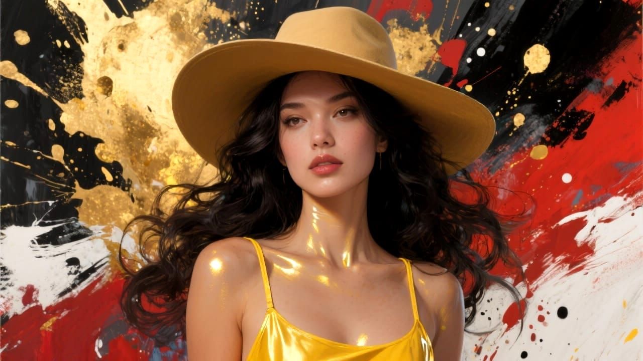 Metallic Woman in Hat with Gold and Red Paint Strokes