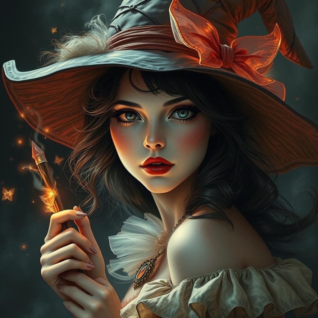 Dreamy Witch Pin-Up Portrait in Dark Fantasy Style