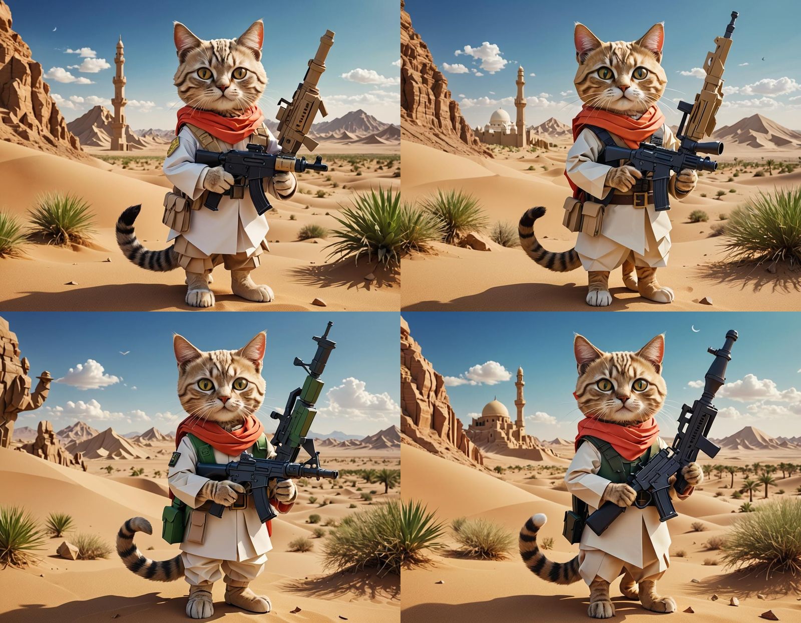 Arab Cat Warrior with RPG in Kirigami Style