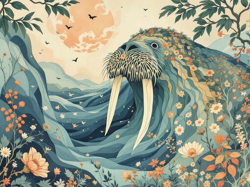 Ethereal Arctic Walrus: Timeless Art Nouveau Dreamscape