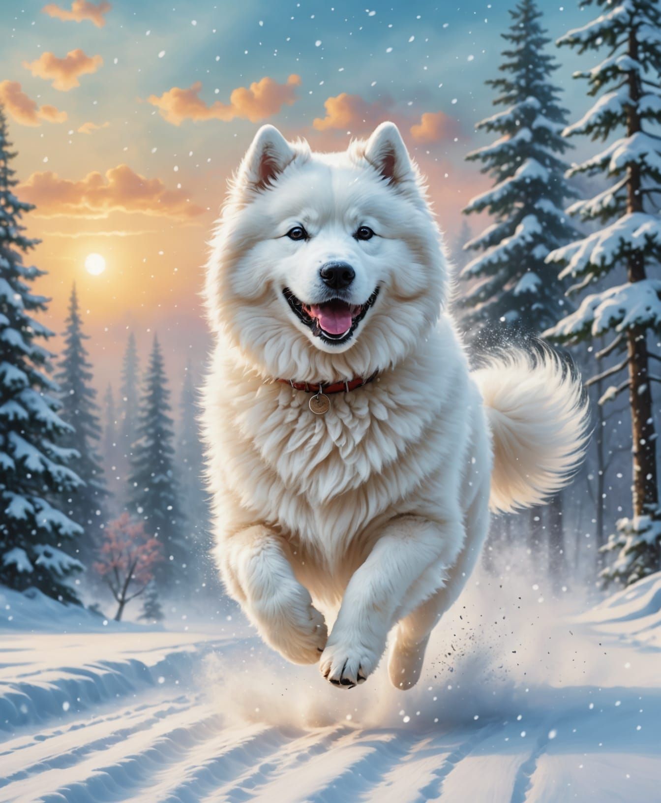 Samoyed Dog Running in Winter Snowfall