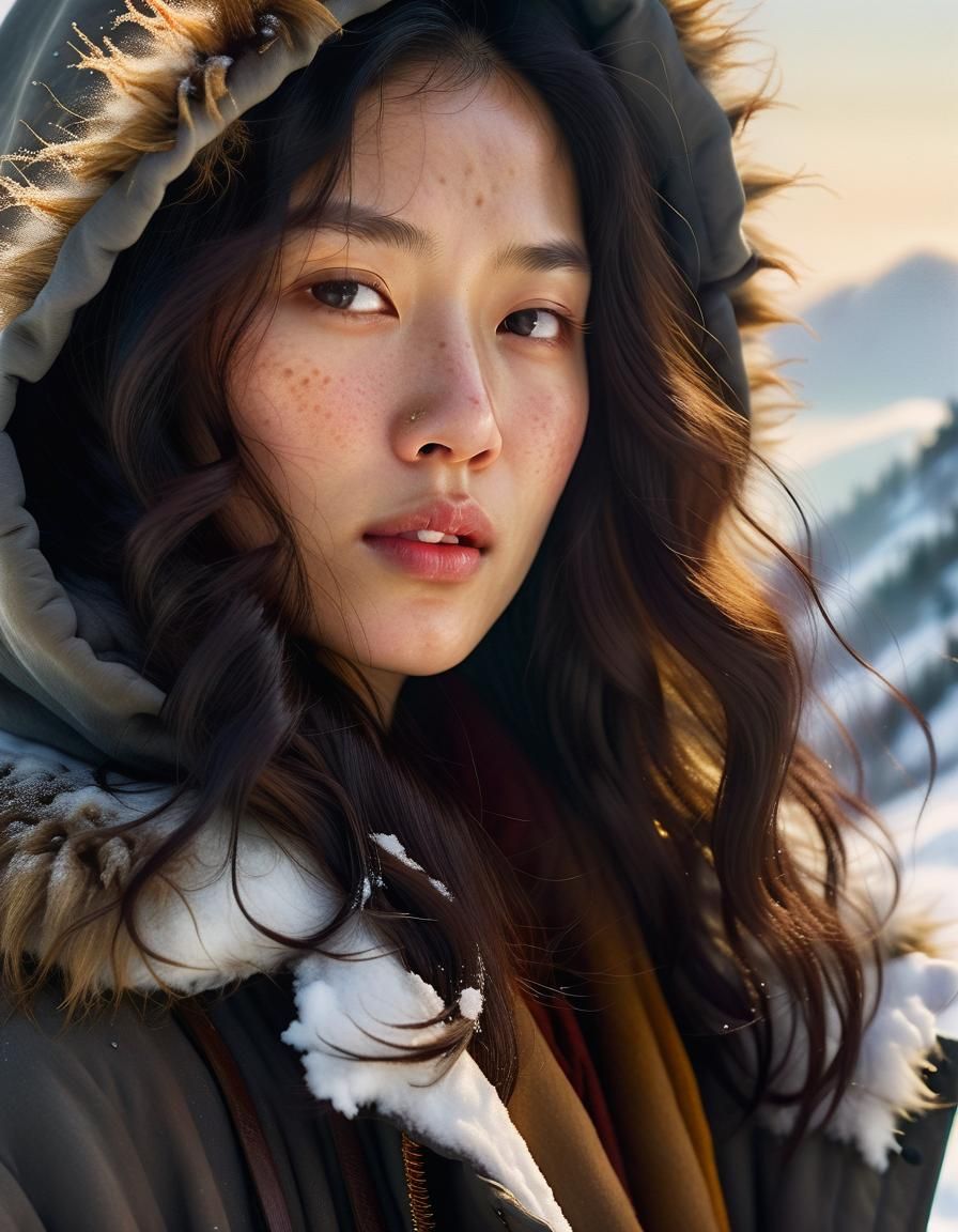 Korean Woman on Snowy Mountain, Baroque Oil Painting