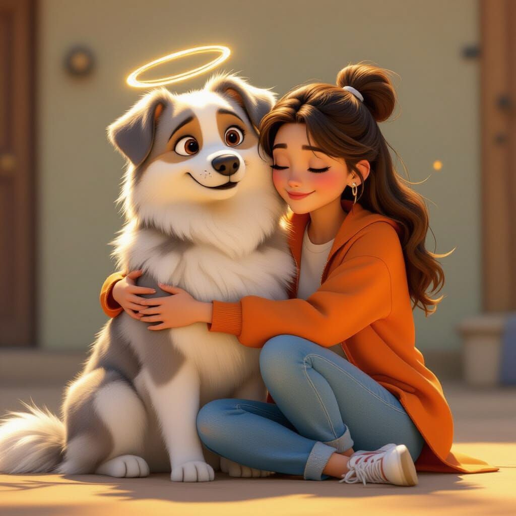 Woman and Haloed Dog in Pixar-Style 3D Animation