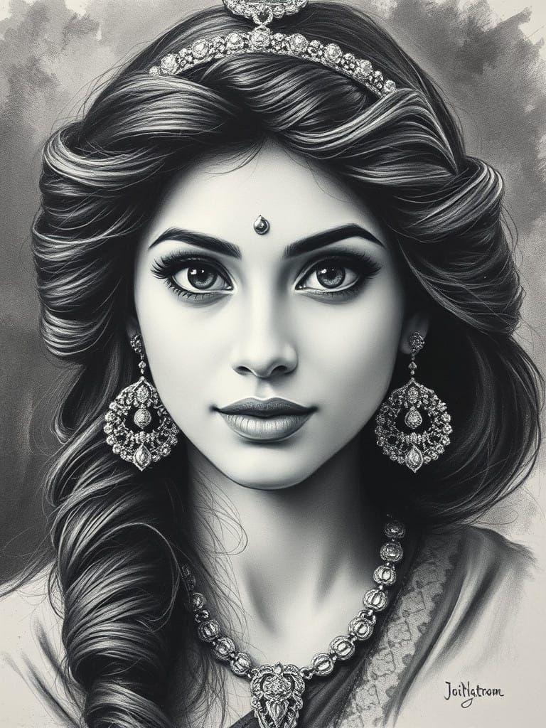 Nitram Charcoal Artistry, princess Jasmine, rough charcoal, realistic portrait