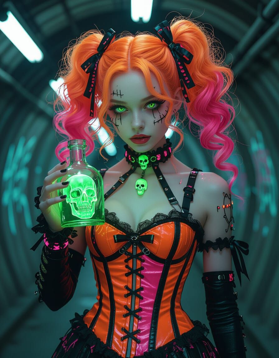 Cyberpunk Horror Girl with Neon Curls and Skull Charms