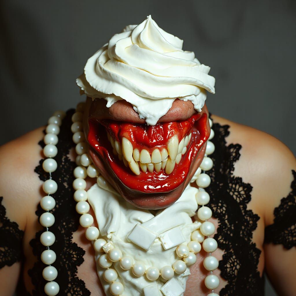 Eerie Grotesque Horror with Red Teeth and Pearls