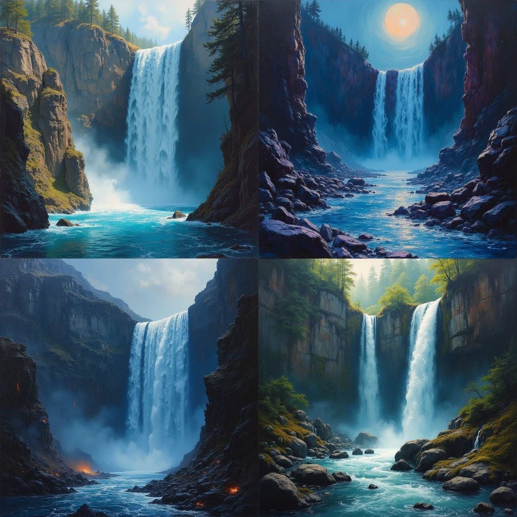 Liquid Mercury Waterfalls in Oil Painting Style