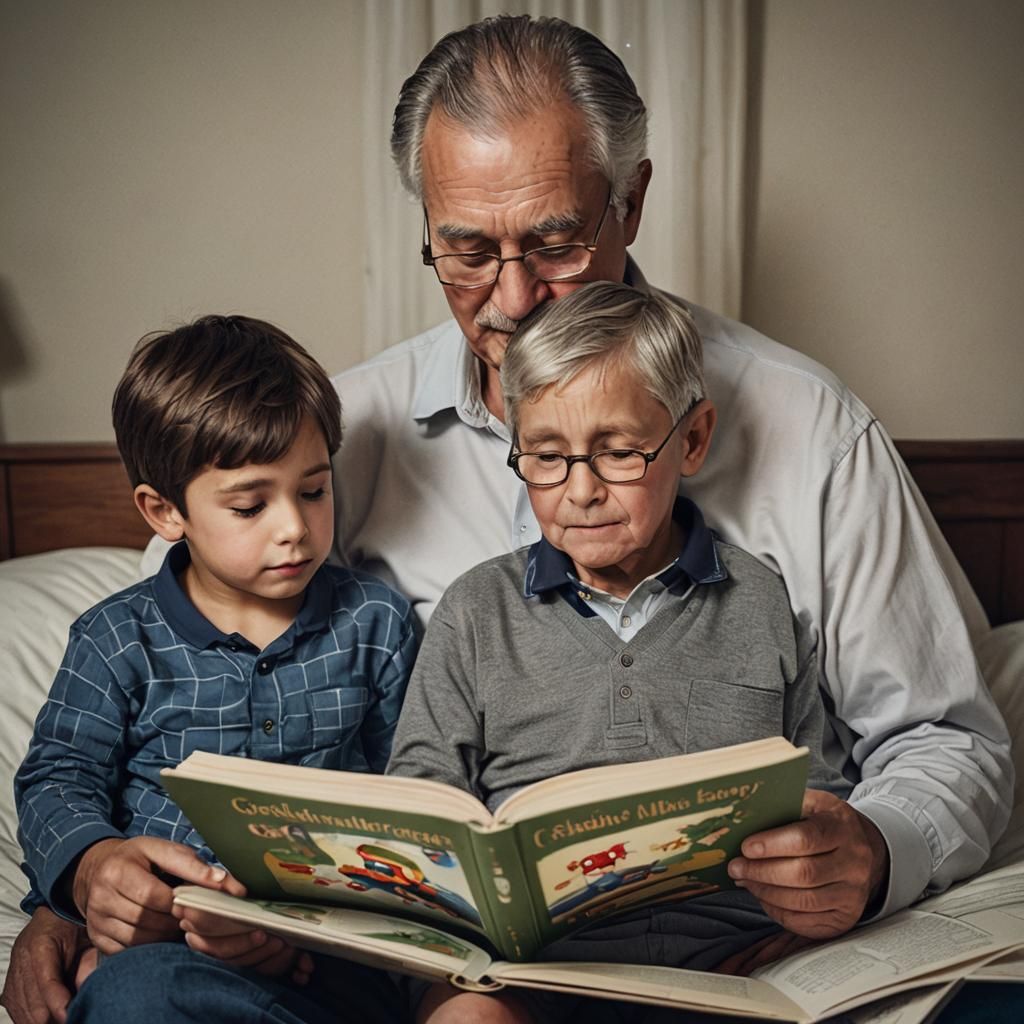 Grandfather Reads Bedtime Story to Grandson