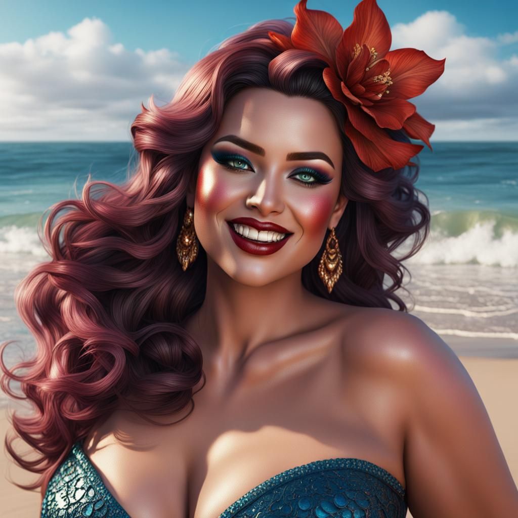 Curvy Woman on Beach, Detailed Digital Painting