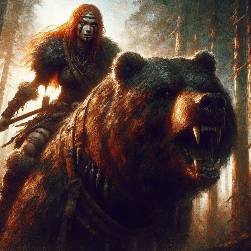 Epic Fantasy: Warrior on Battle Bear in Forest