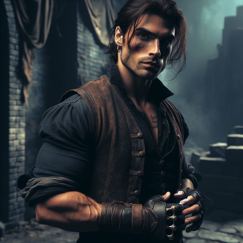 Weary Hispanic Rogue in Shadowy Fantasy Realm