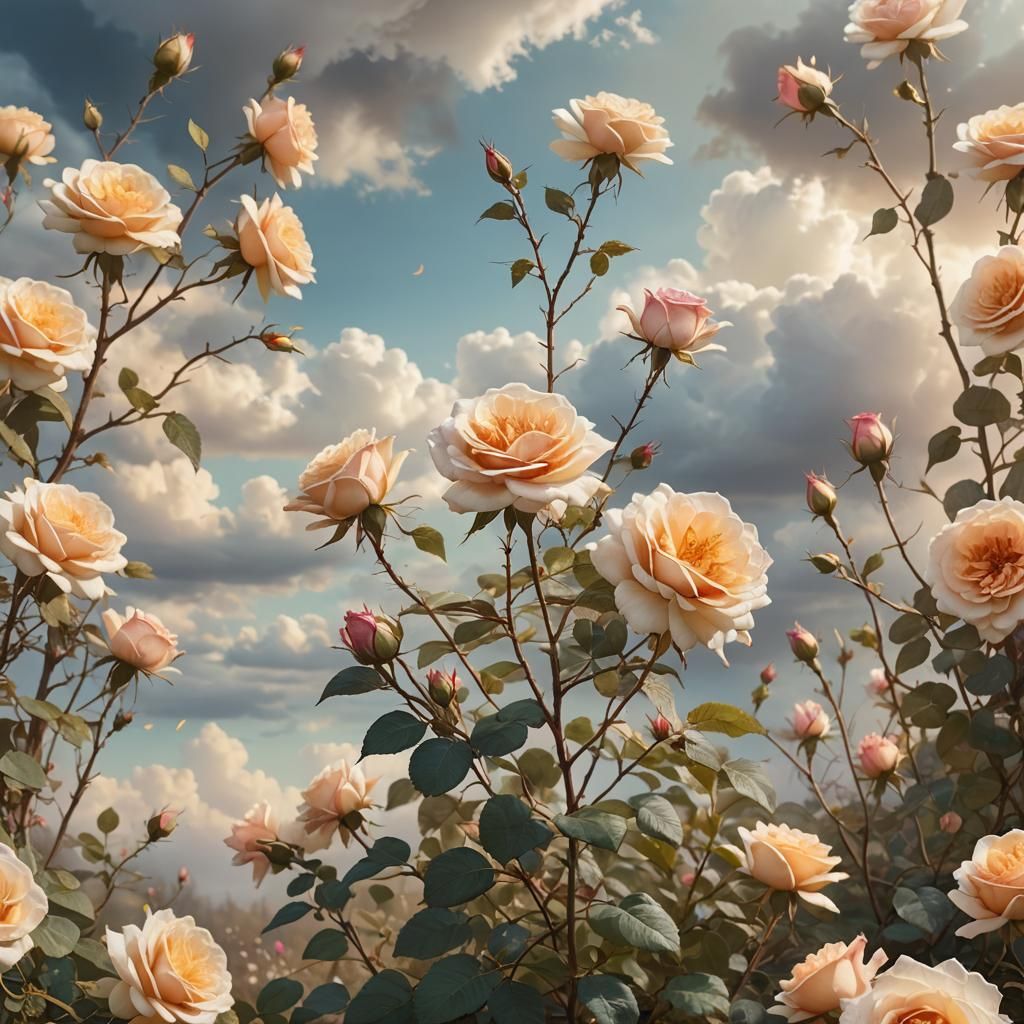 Fairytale Rose Bush Blooms in Mystical Landscape