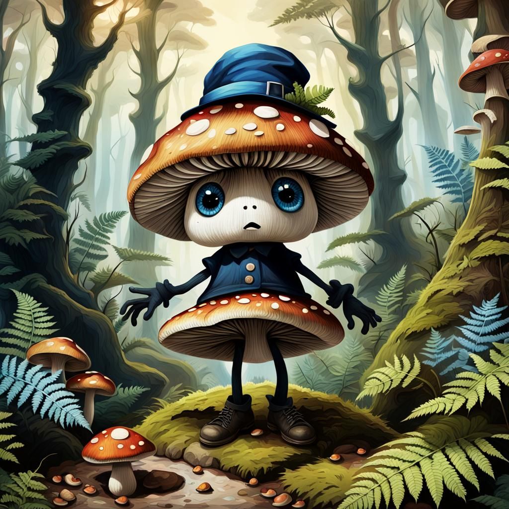 Surreal Mushroom Dance in Forest Landscape