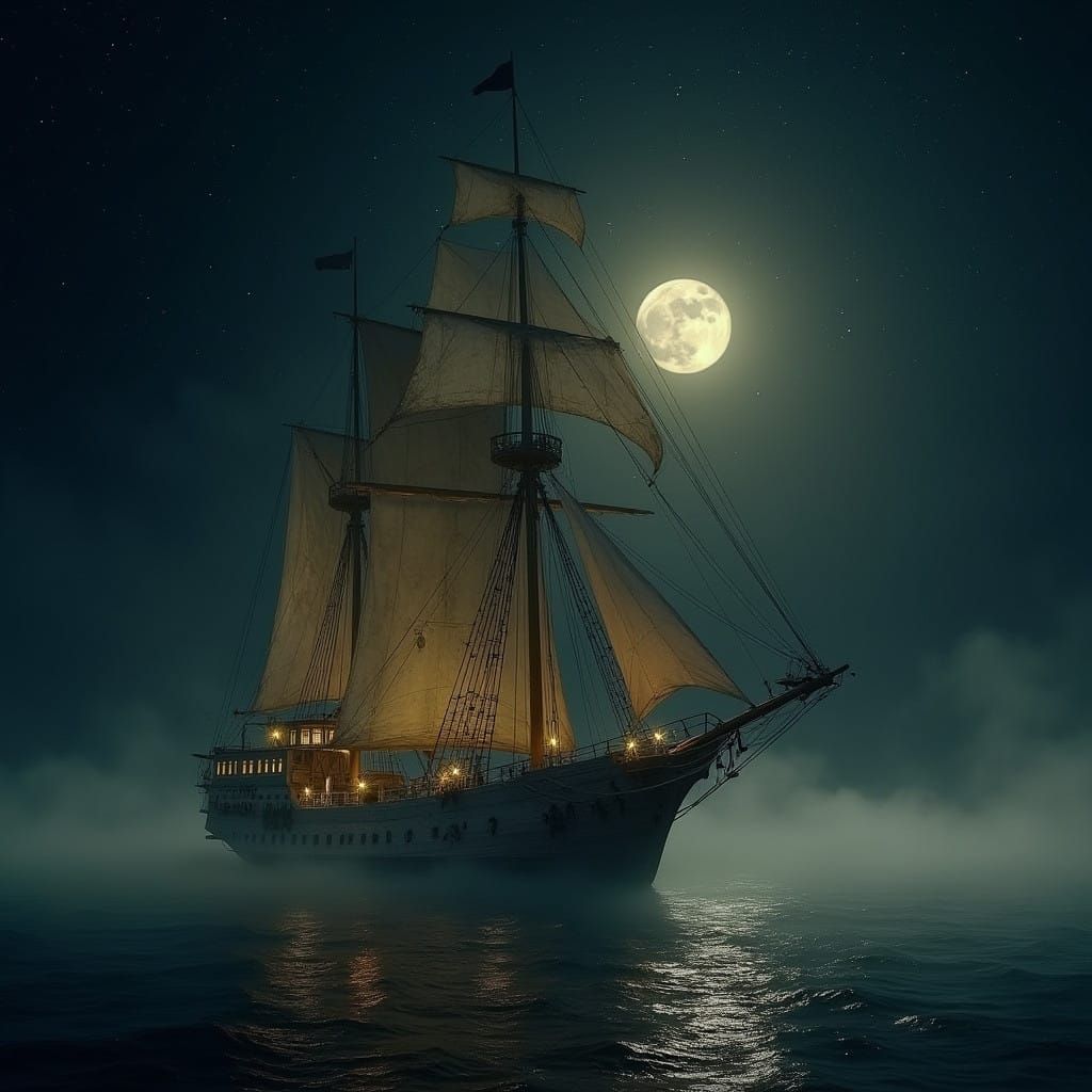 Majestic 19th-Century Sailing Vessel Drifts Across Moonlit S...
