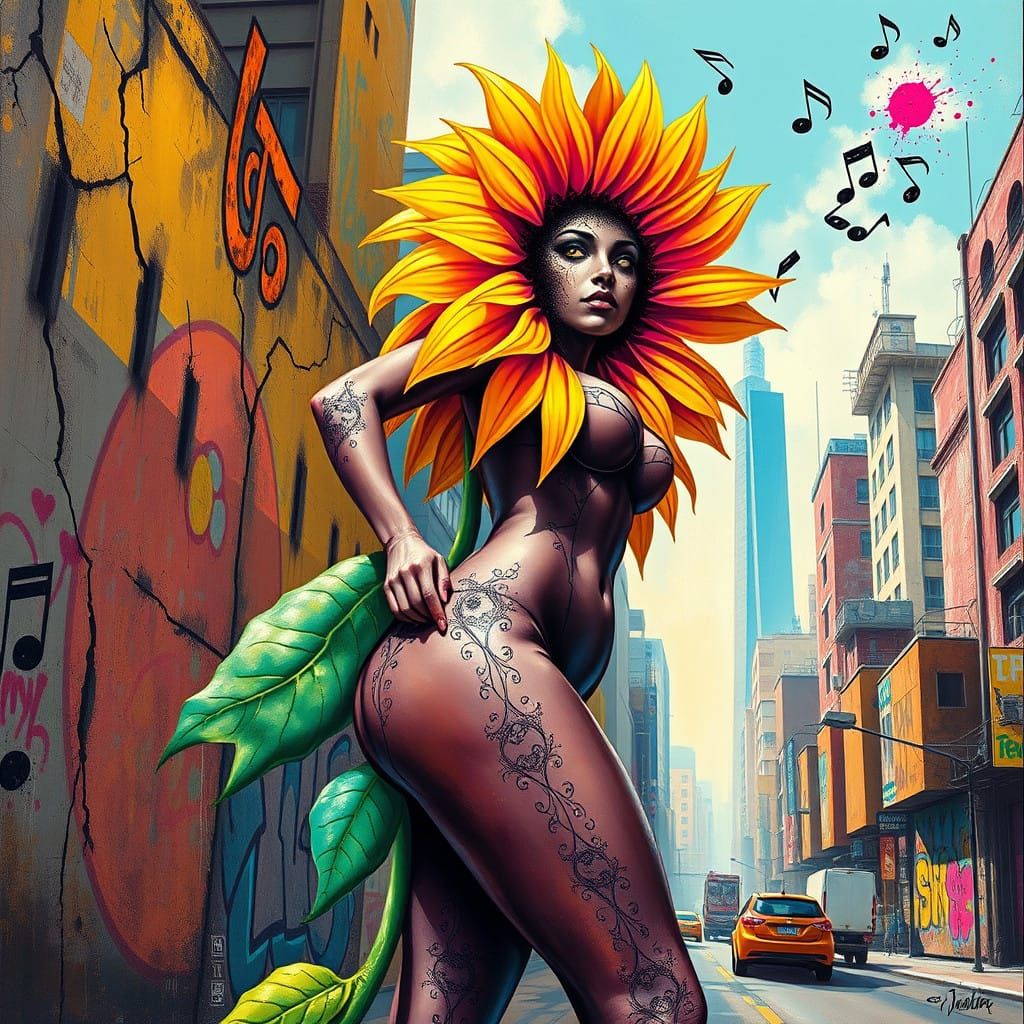 Vibrant Sunflower Woman Entwined in Music, Urban Futurism