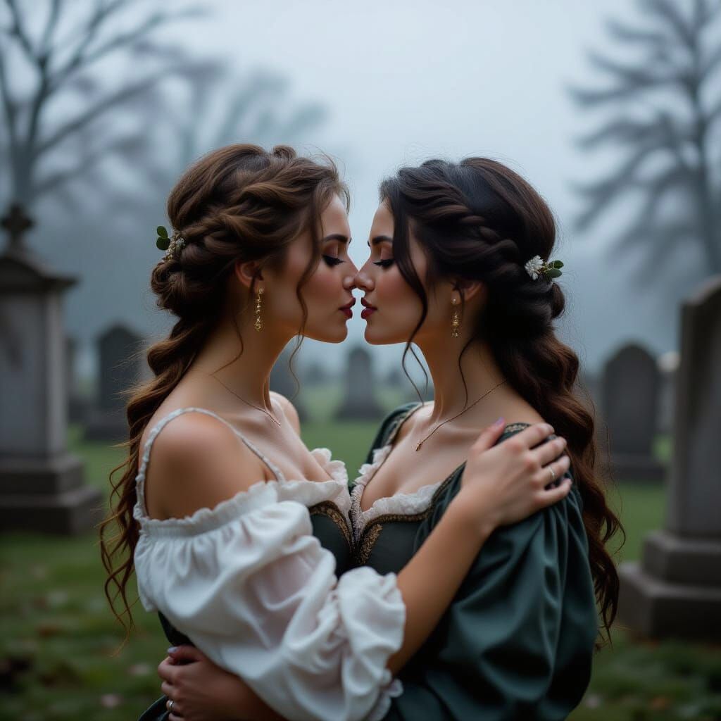 Lesbian Kiss in Cemetery, Film Photography Style