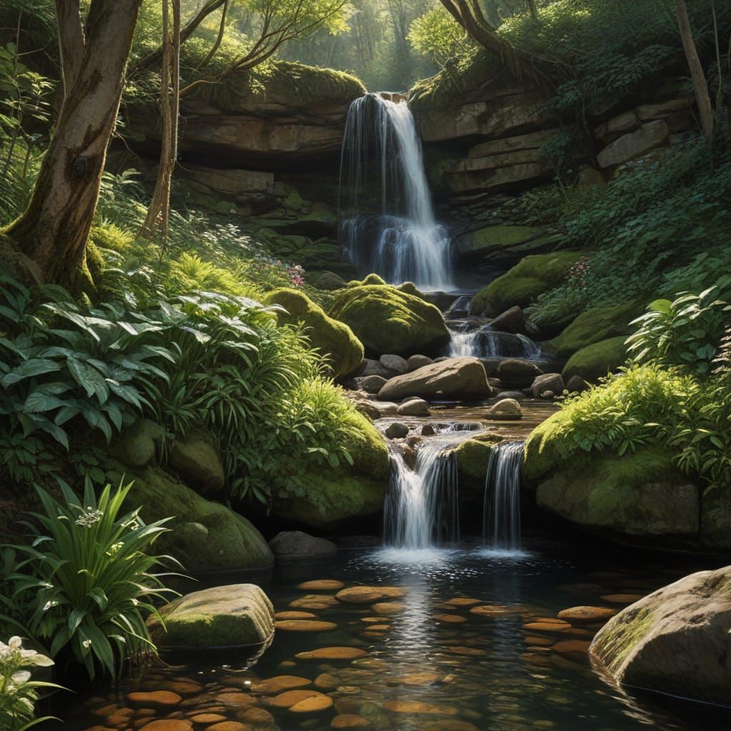 Lush Hidden Waterfall Oil Painting in Hyperrealistic Style