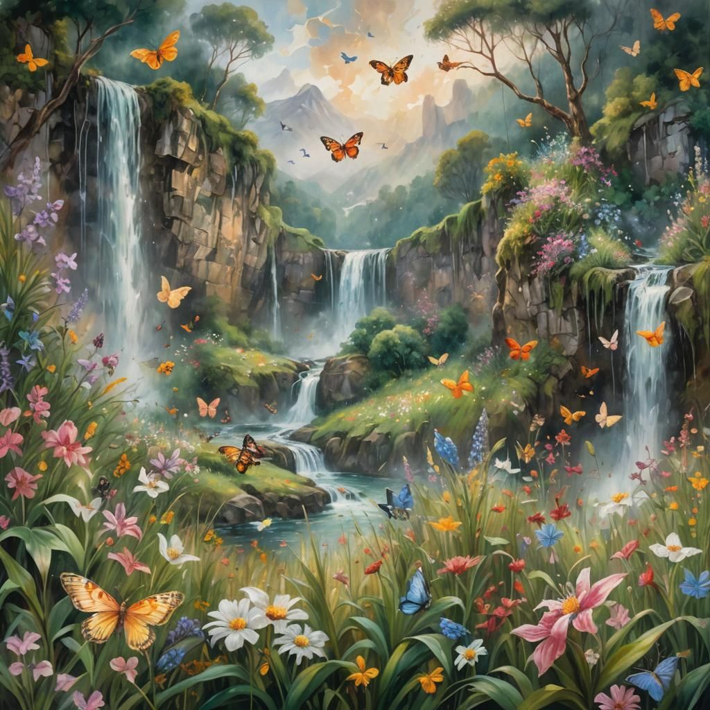 Impressionist Waterfall with Birds and Butterflies