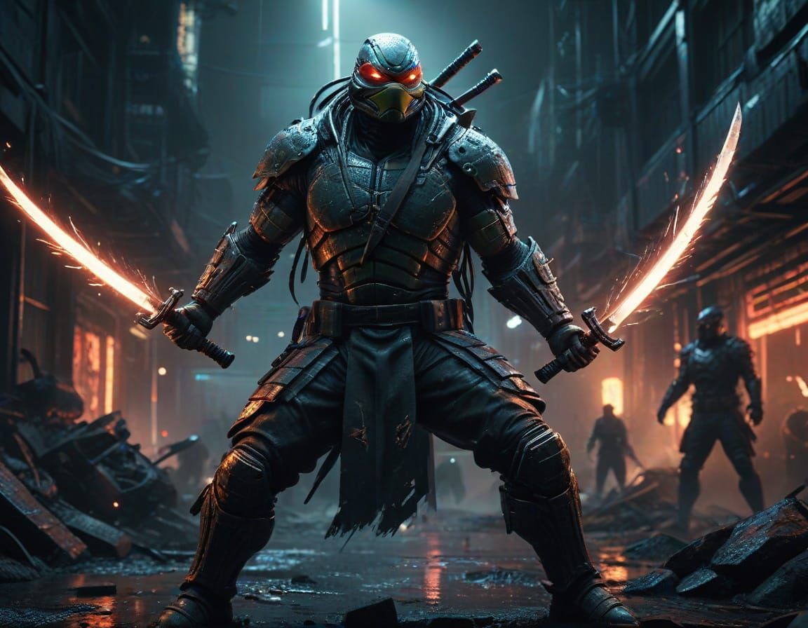 Cyberpunk Ninja Warrior in Neon-Lit Battle