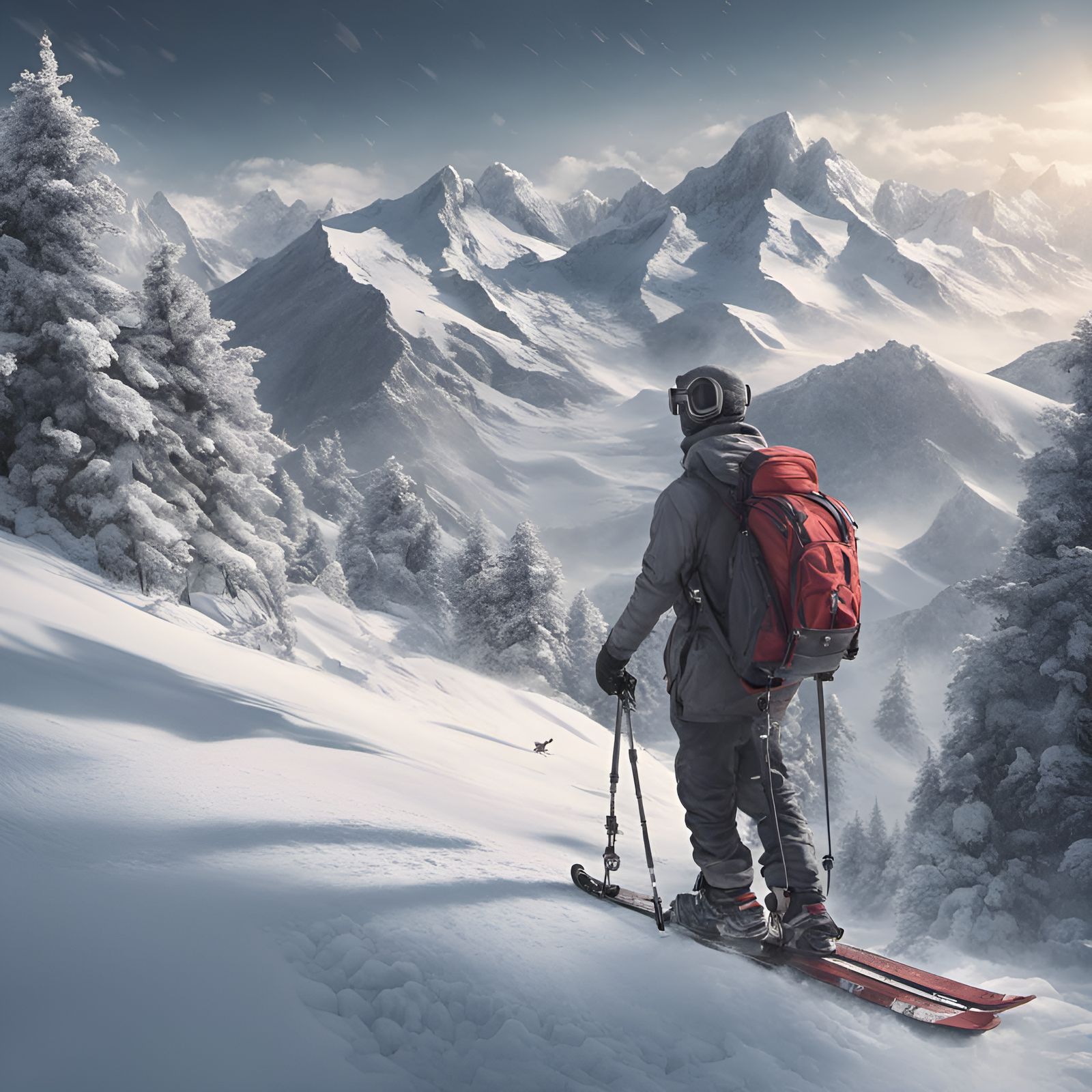 Skier Ascends Snowy Mountain in Winter Wonderland