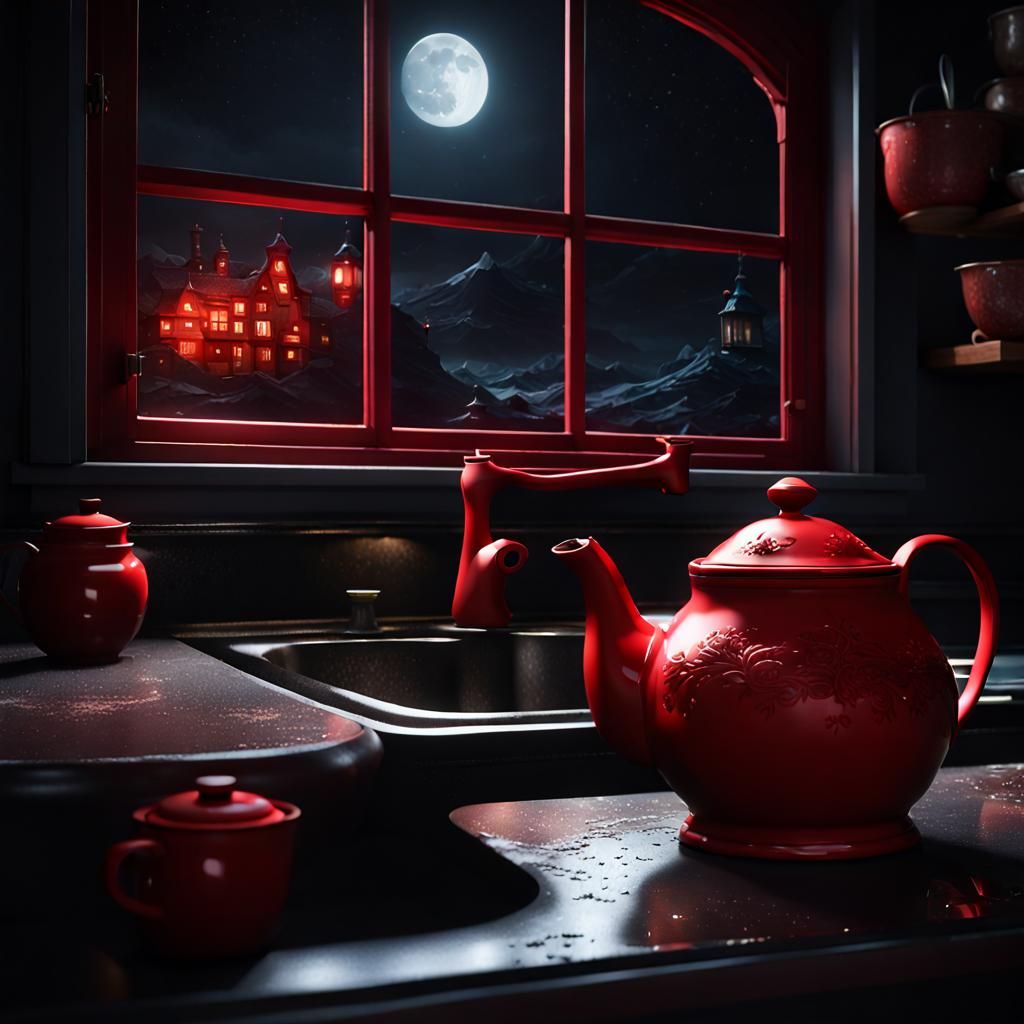 Red Teapot in Dark Kitchen: Detailed Matte Painting
