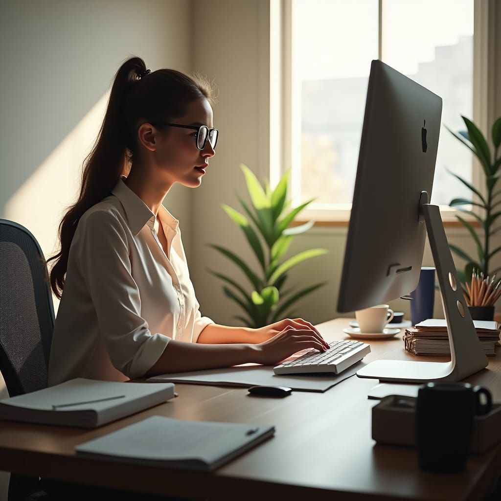 Woman Working at Desk in Photorealistic Style
