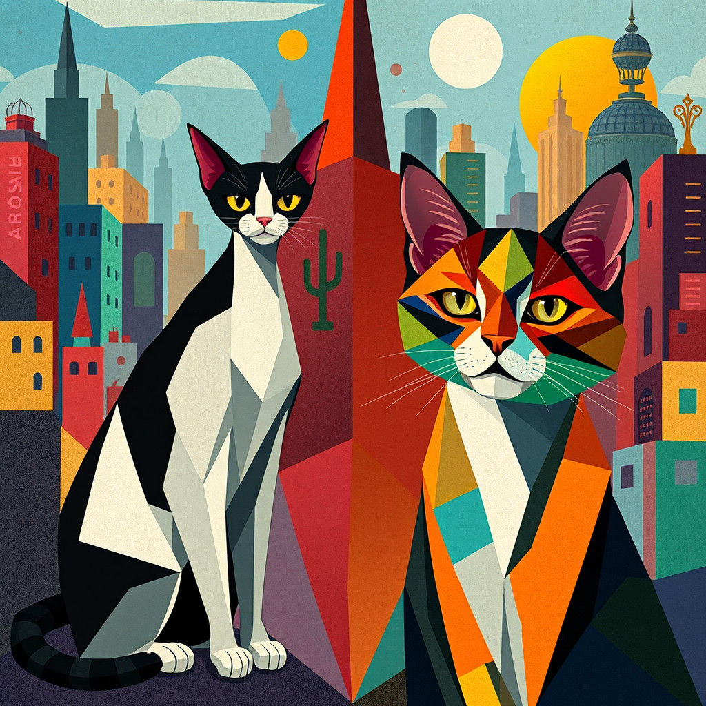 Contrasting Cats in Geometric Fauvist Dreamscape