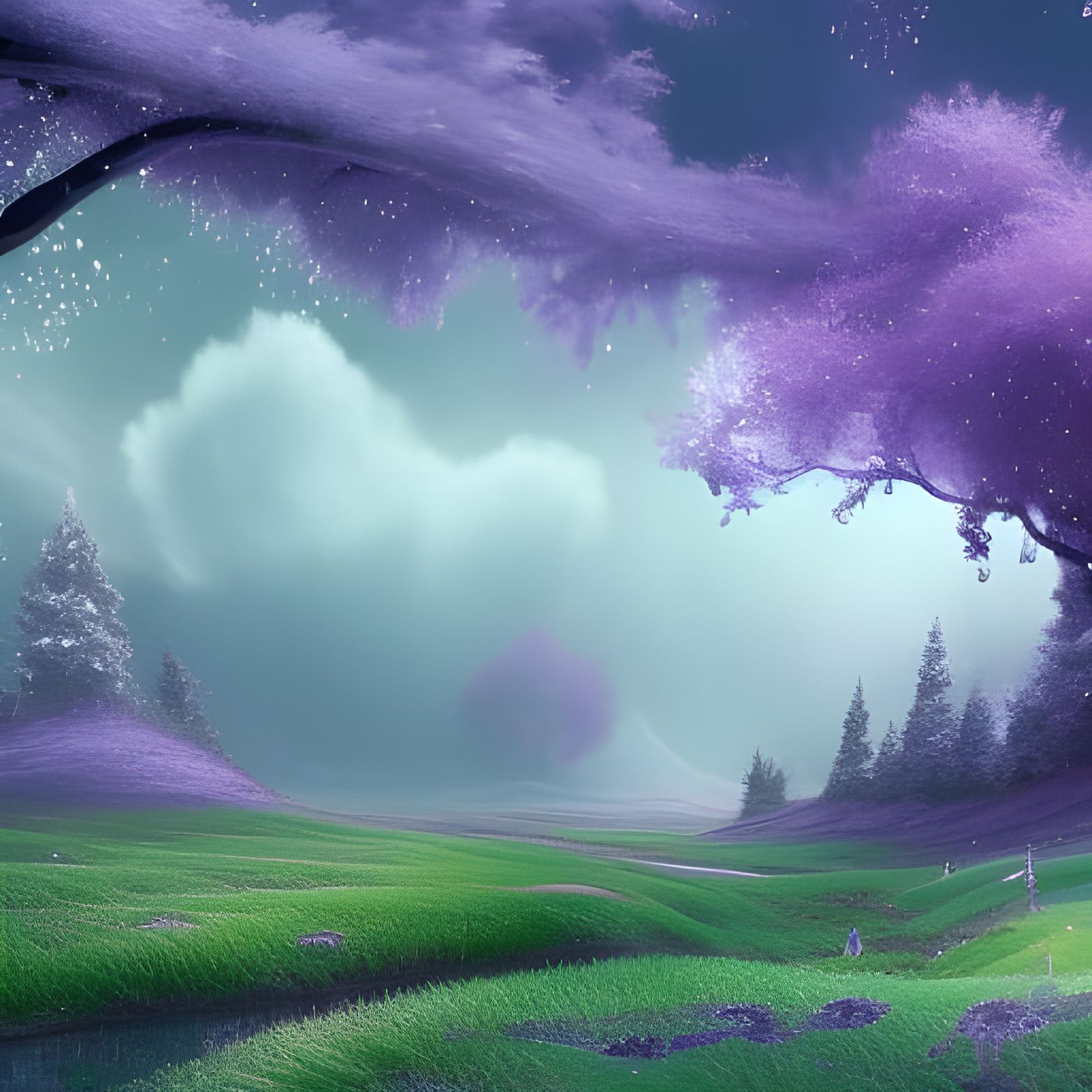 Purple Snowfall on Green Landscape in Unreal Engine