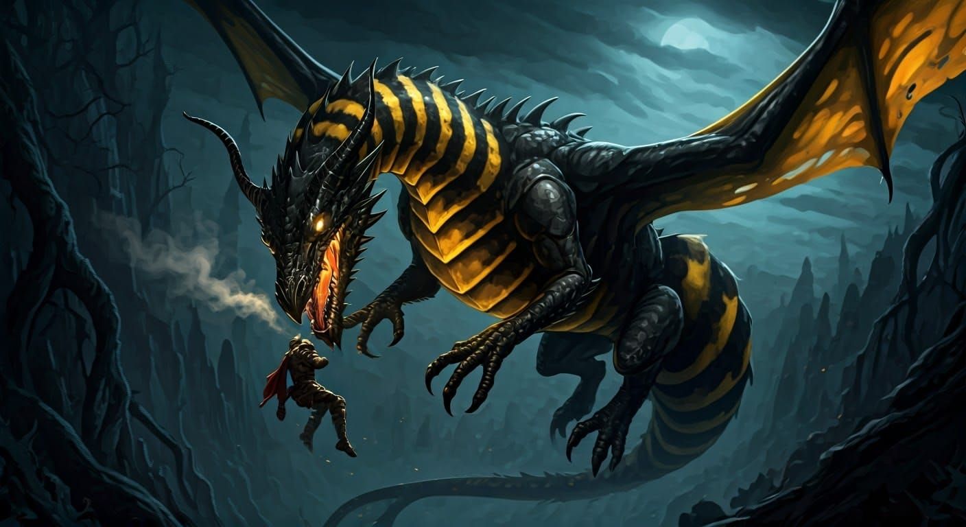 Dragon Knight in Dark Biomechanical Landscape