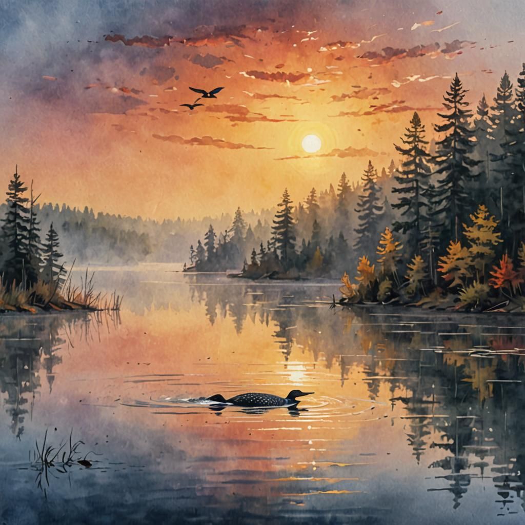 Loon Soaring Over Foggy Lake, Gouache Impressionism
