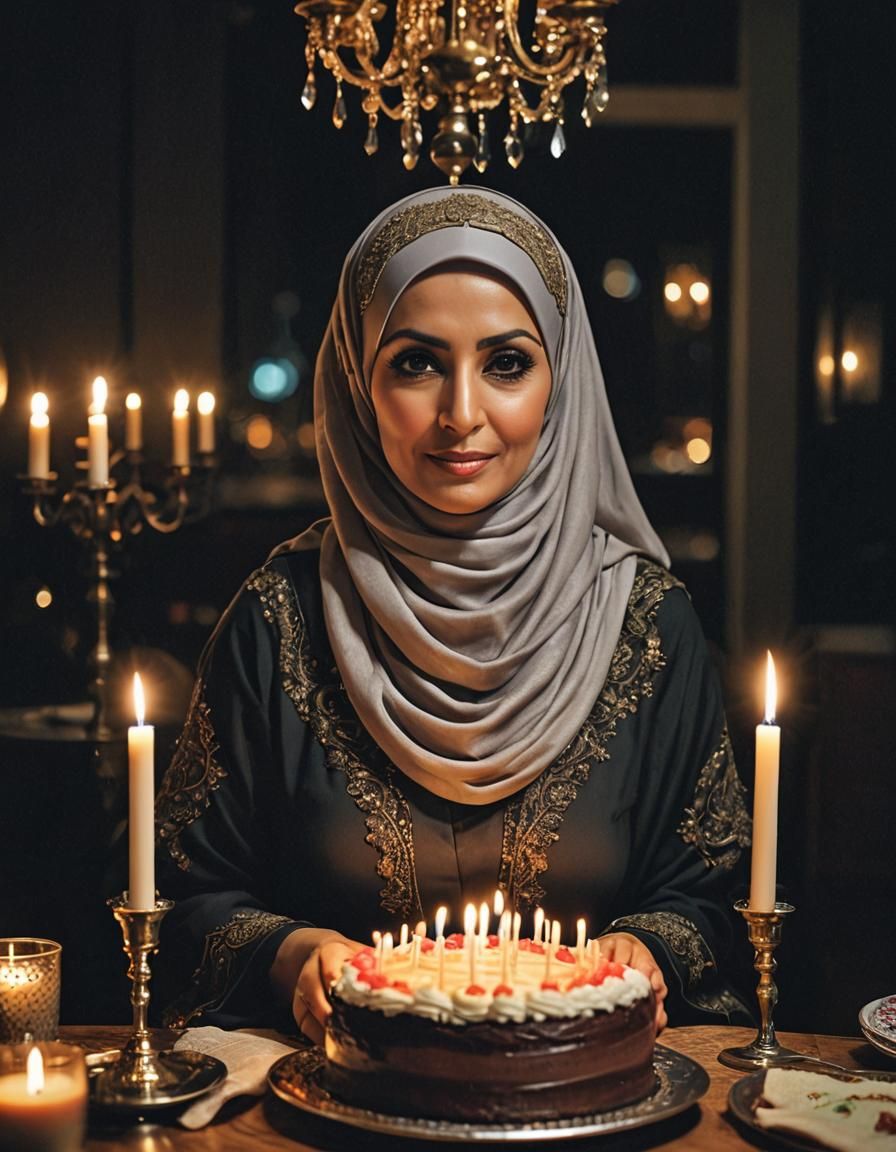 Detailed Portrait of Middle Eastern Woman With Birthday Cake