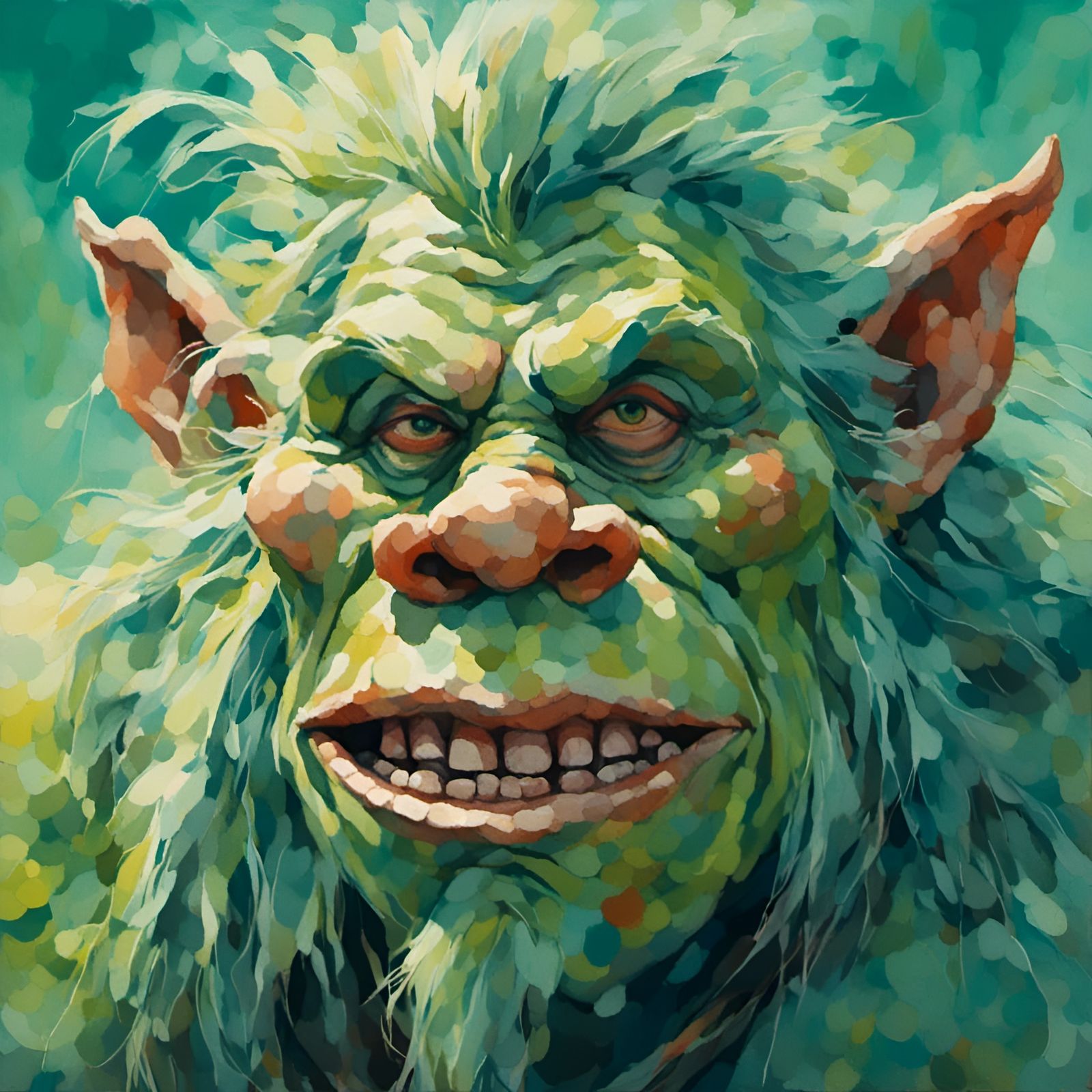 Pastel Green Troll Portrait in Watercolor Style