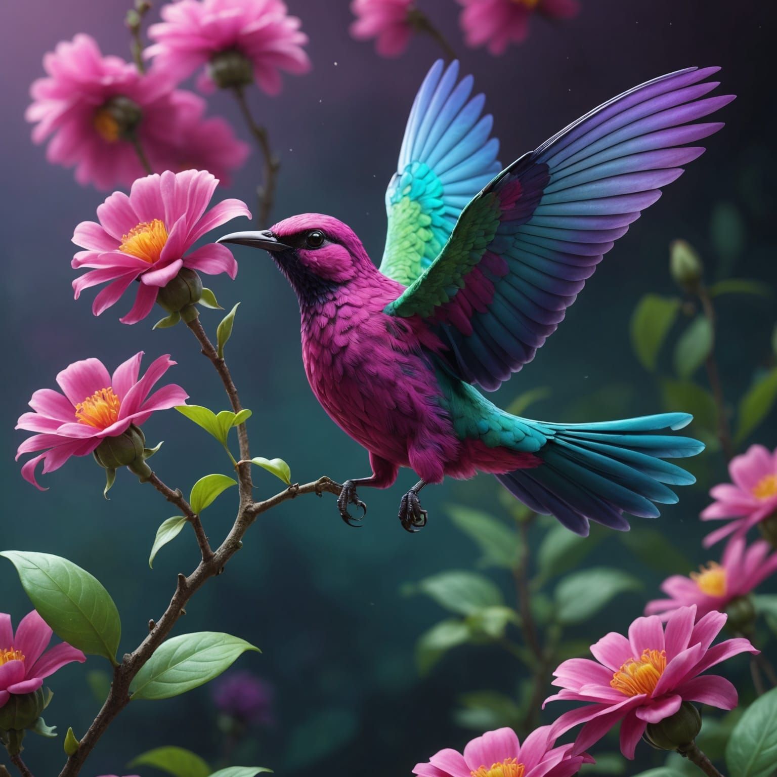 Hyper-Realistic Hummingbird in Flight: Fantasy Concept Art