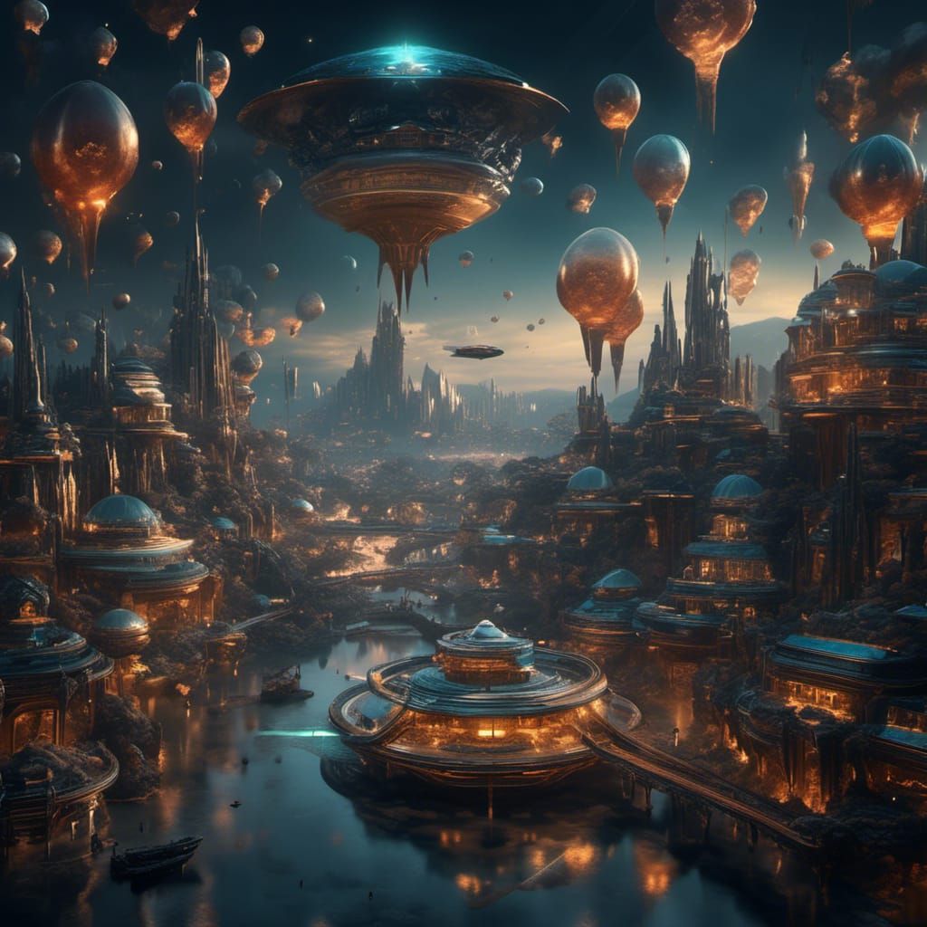 Starship Over Crystal City: Cinematic Matte Painting