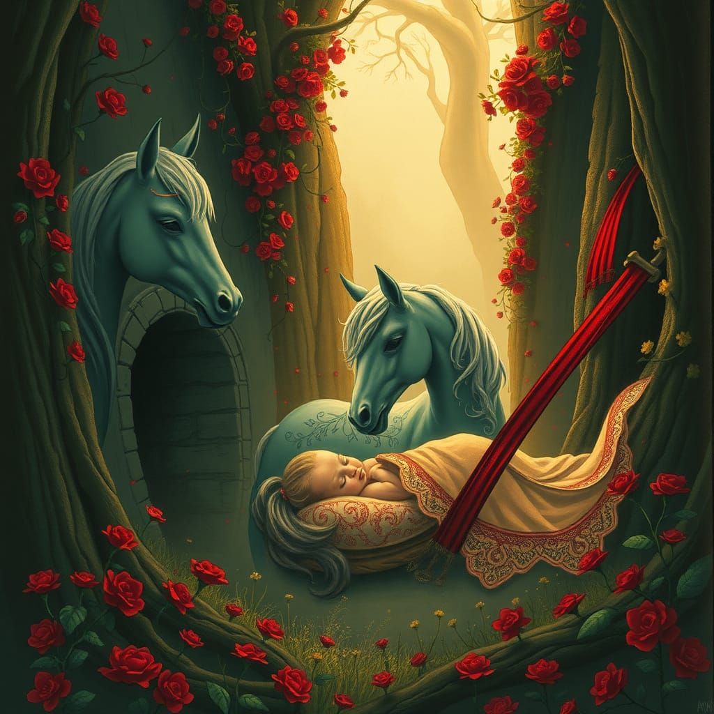 Centaurs in Forbidden Castle with Newborn, in Fantasy Art St...