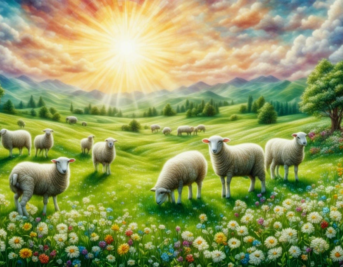 Sheep Graze in Sunny Flower Meadow