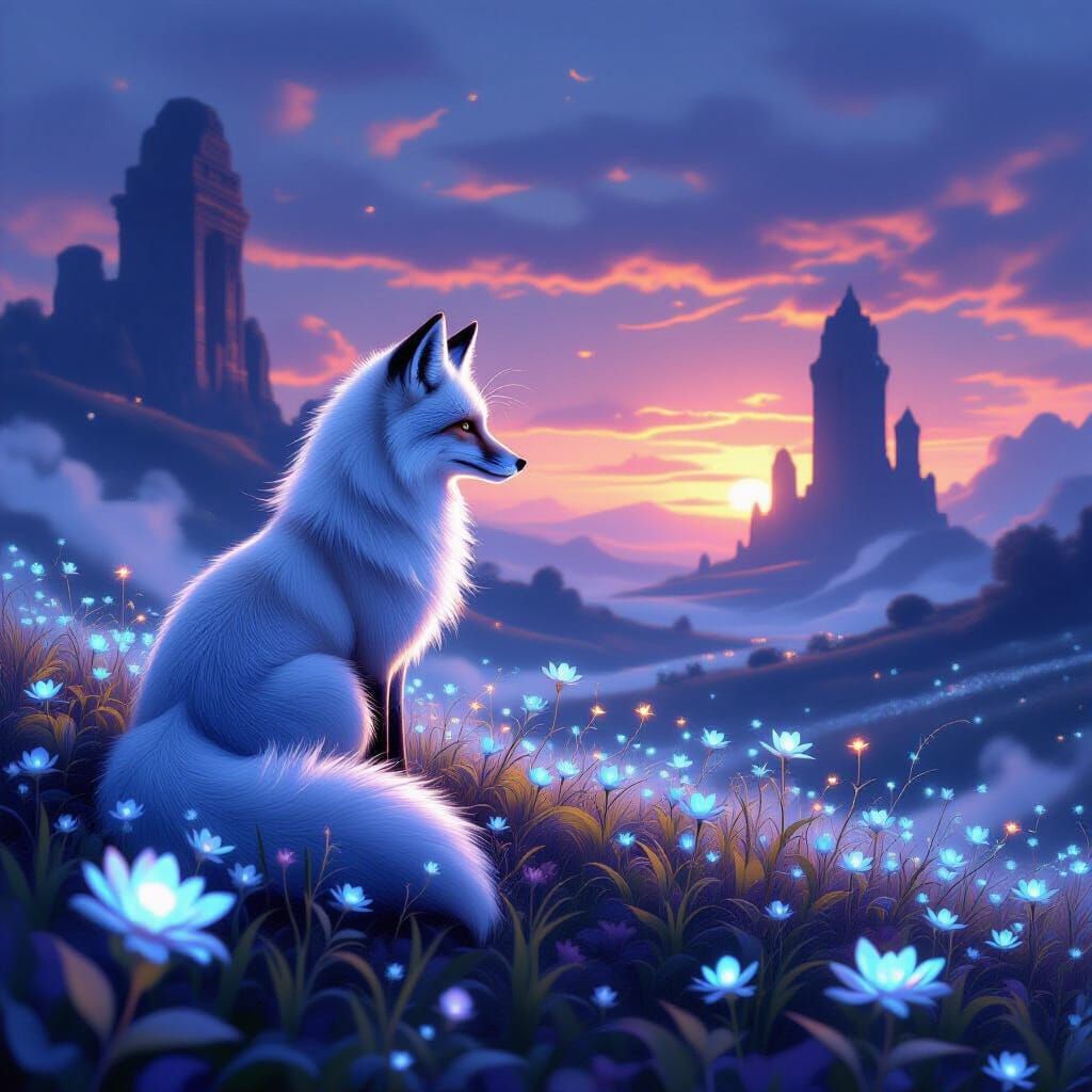 Spectral Fox in Bioluminescent Field, Fantasy Concept Art