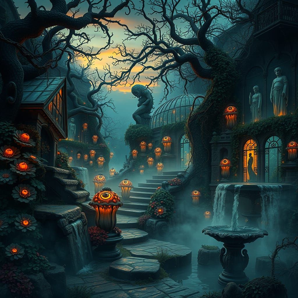 Eerie Overgrown Garden at Twilight in Dark Fantasy Style
