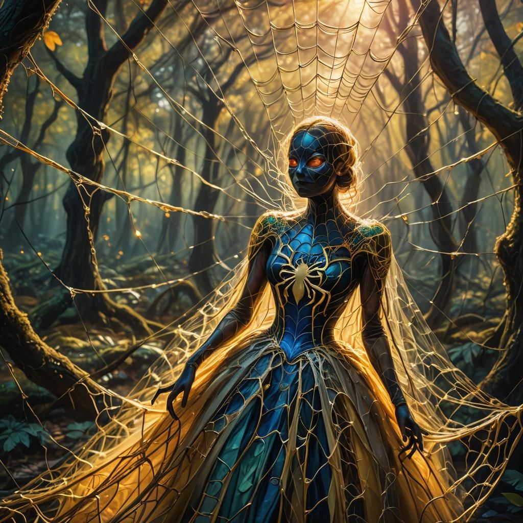 Spider Weaving Golden Dress in Mystical Forest