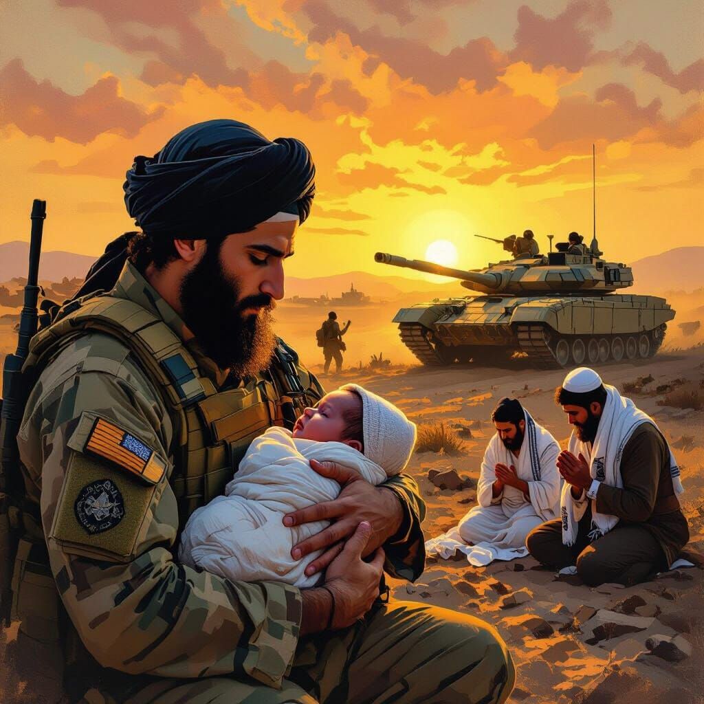 Jewish Soldier Shields Baby in Battlefield Sunrise
