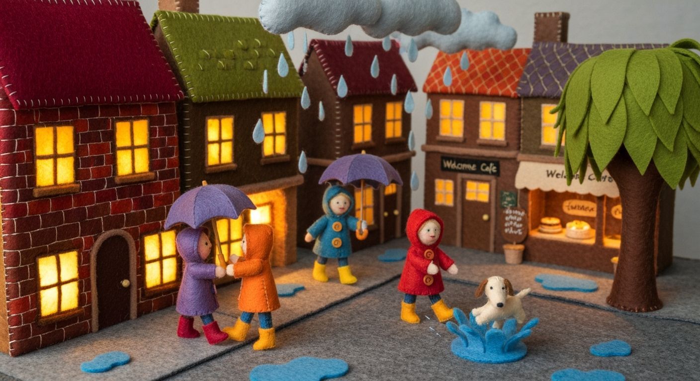 Cozy Felt Town on a Rainy Day in 3D Diorama Style