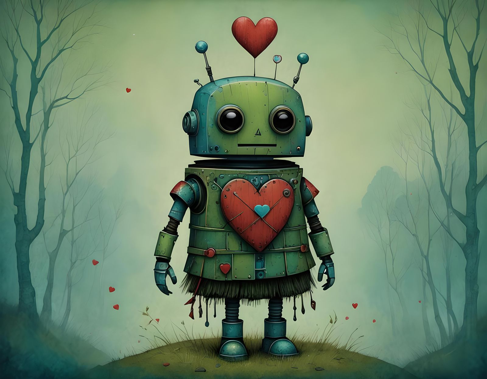 Cute Robot in Kilt with Heart, Pastel Art