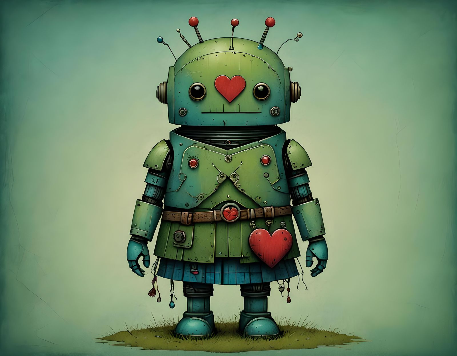 Cute Robot in Kilt with Heart, Pastel Colors