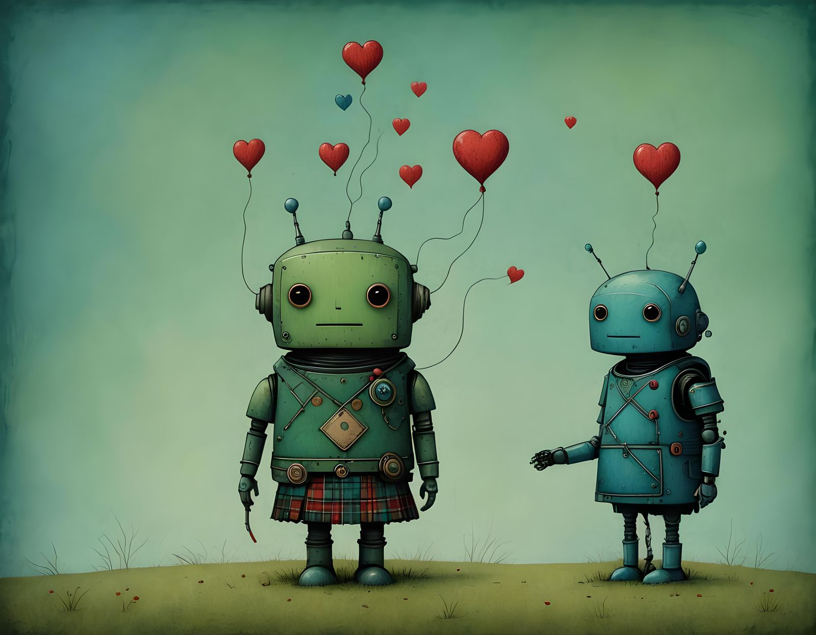 Cute Robot in Kilt with Heart, Simplistic Pastel Style