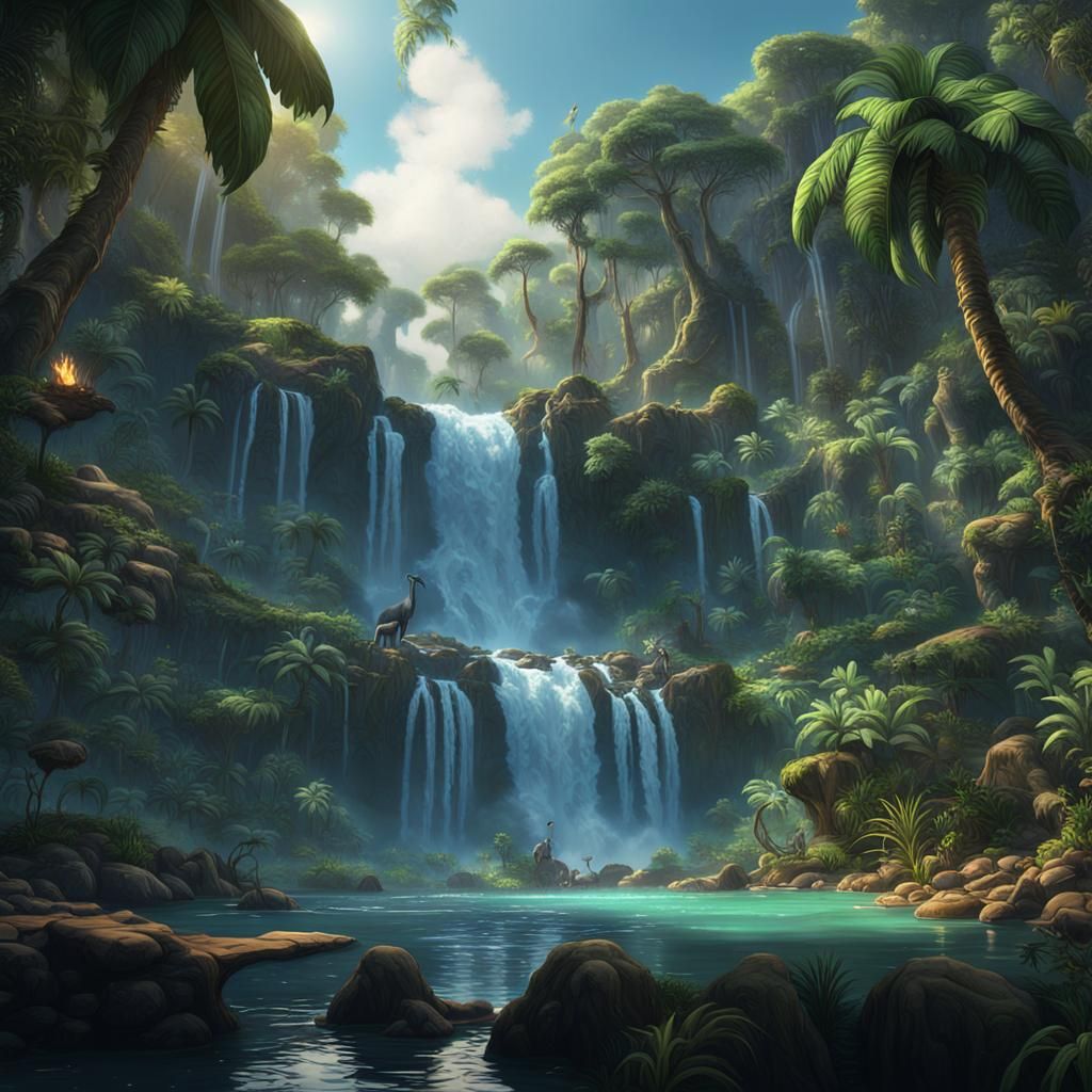 Lush Jungle Waterfall in Brazil: Detailed Matte Painting