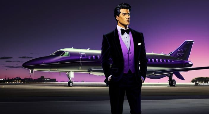 businessman stood on an airport taxiway in a dark purple vel...